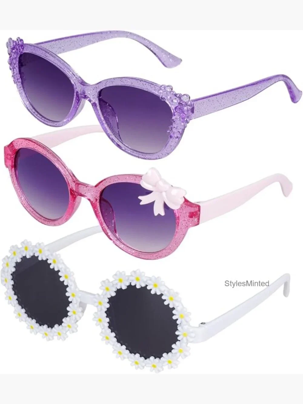 3 Pairs Kids Sunglasses with Bow Flower Decoration UV400 Protection for Toddler